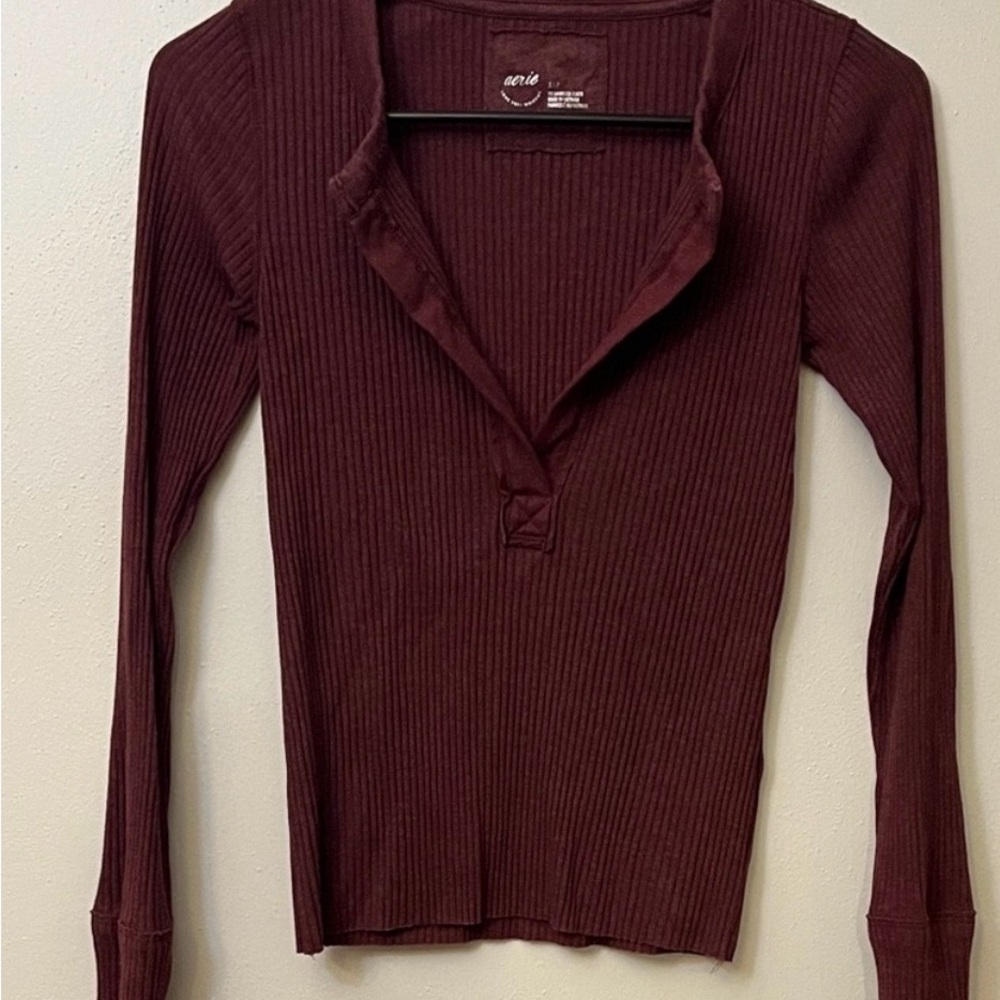 Aerie Deep Burgundy Ribbed Long Sleeve Tee